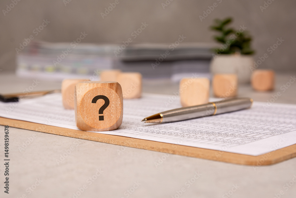 Aufkleber wooden cube with a question mark on a document concept of inquiry or uncertainty at work.