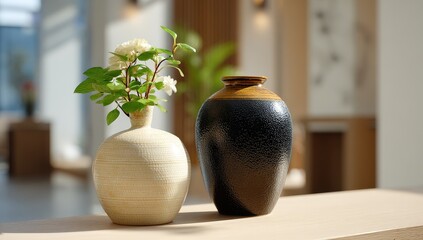 Elegant ceramic vases with floral arrangement.