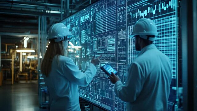 Engineers analyzing data screen in factory for automation and ai technology use cases and research