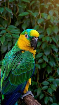 Perroquet color&eacute; perch&eacute; au soleil dans un d&eacute;cor tropical

