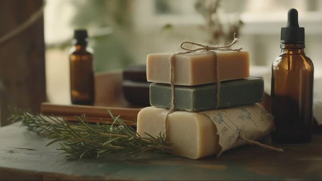 Biodegradable paper packaging and handmade soap with eucalyptus sprigs, natural skincare theme, minimalist aesthetic, cinematic scene in soft daylight, sustainable eco-lifestyle background