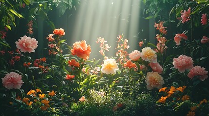 Stunning floral garden scene featuring peonies and wildflowers bathed in glorious morning sunlight image