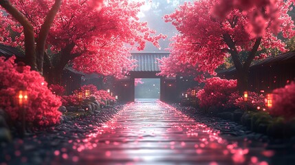 Stunning japanese garden scene featuring blooming cherry blossom trees a beautiful image of nature.