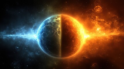 Obraz premium Stunning Conceptual Image of Divided Planet with Fire and Ice