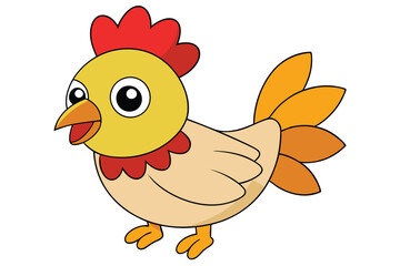 Cartoon Chicken Illustration with Red Comb, Yellow Head, and Orange Tail Feathers