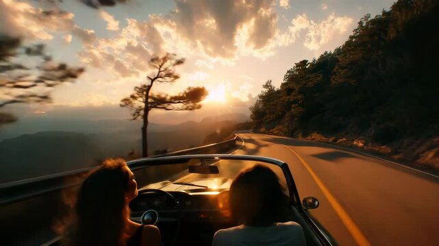Romantic Sunset Drive in Vintage Convertible Car Along Coastal Road