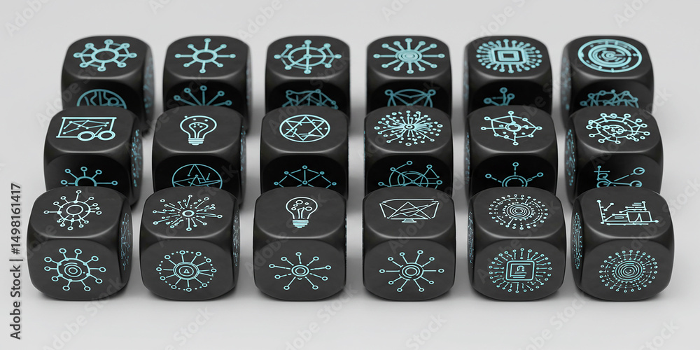 Poster a mesmerizing array of black dice adorned with intricate teal designs evoking a sense of on transpar