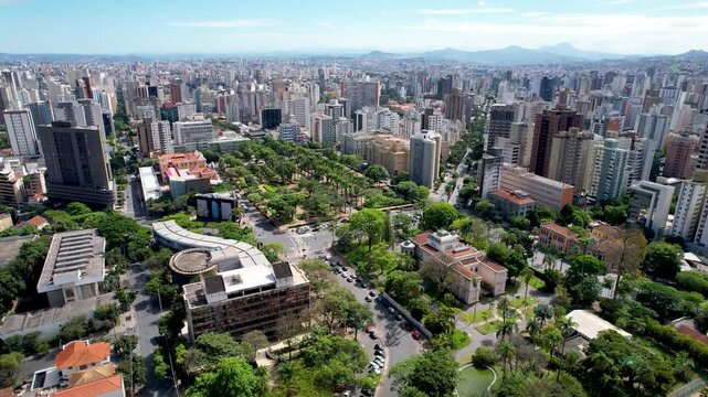 Historic Center At Belo Horizonte Minas Gerais Brazil. Bustling Downtown Cityscape With Modern Buildings. Business Sky Background Downtown Cityscape. Outside Downtown Up Above.