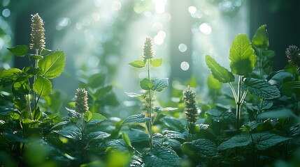 Sunlight streaming through lush green vegetation creating a beautiful and peaceful image of nature.