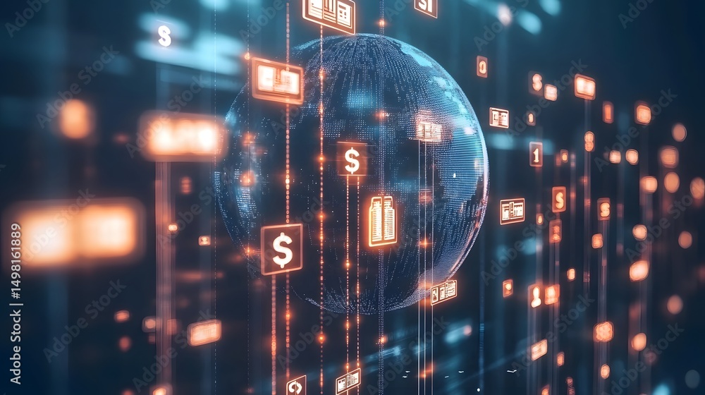 Aufkleber global digital finance: abstract finance concept featuring a globe surrounded by digital icons repre