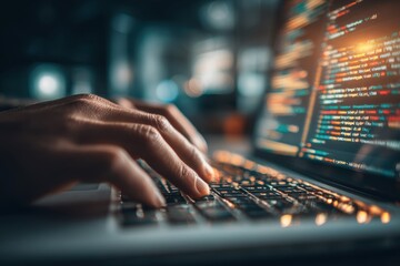 Close up of hands typing on a laptop keyboard with lines of code displayed on the screen, showing the dedication and focus required in programming and development work.