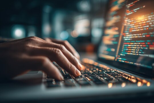 Close up of hands typing on a laptop keyboard with lines of code displayed on the screen, showing the dedication and focus required in programming and development work.