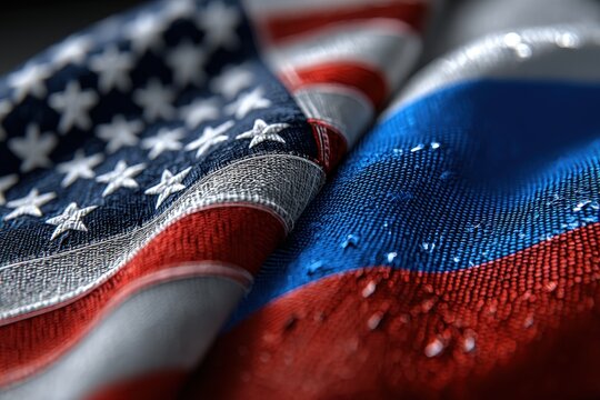 Close-up of U.S. and Russian flags waving together.