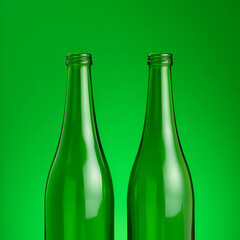 The image shows two tall green glass bottles standing side by side against a solid green background, highlighting their reflective and smooth surfaces.