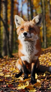 Renard roux assis parmi les feuilles d&rsquo;automne en for&ecirc;t

