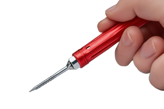 Precision crafting tool held by hand with a shiny tip on a transparent background for seamless integration into design projects