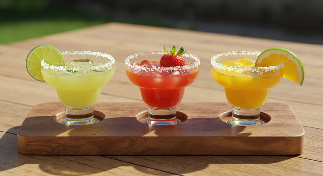 Colorful margarita trio served on wooden flight board in outdoor setting. Lime, strawberry and mango cocktails with salt rims and fruit garnishes. Mexican tequila drinks Summer party refreshments