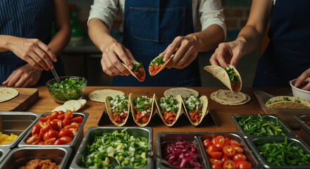 Hands assembling Mexican tacos with variety of fresh ingredients in metal containers. People preparing traditional street food with tortillas, vegetables and meat. Culinary workshop