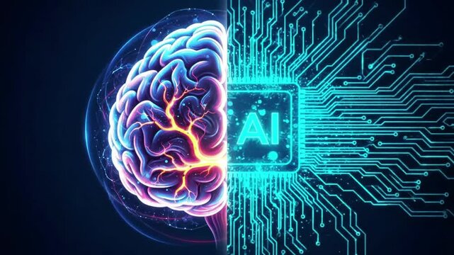 Artificial intelligence brain with ai chip and circuit board on a dark blue background design