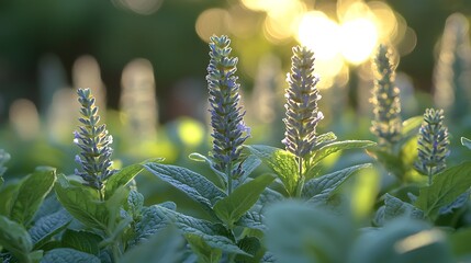Sunlit lavender flowers with green leaves and blurred background of the image capturing nature's beauty