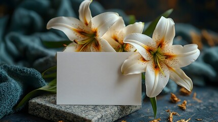 A bouquet of lilies resting on a granite memorial with a blank gift card