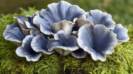 Cluster of Blue Mushrooms on Moss