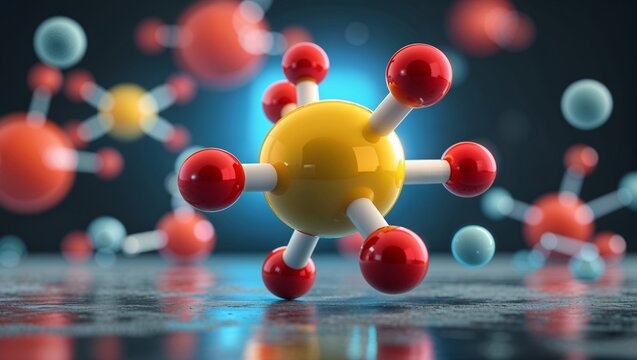space-filling sulfuric acid: one bright yellow sulfur sphere bonded to four vivid red oxygens, two of which carry small soft-white hydrogens; accurate bond angles