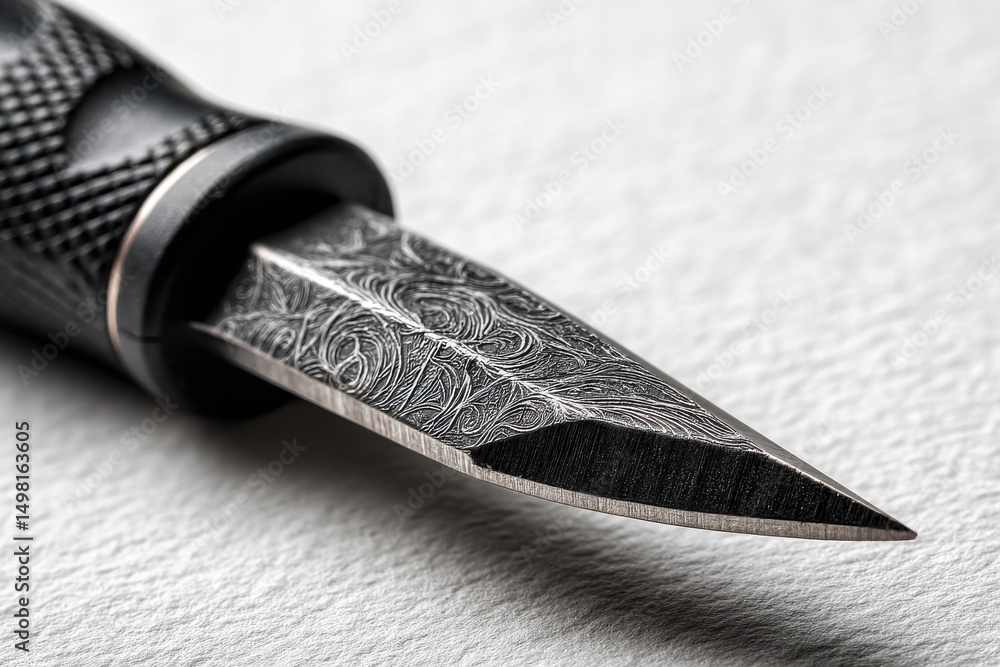 Poster close-up shot of a beautifully engraved dagger, showcasing intricate patterns and a sharp point agai