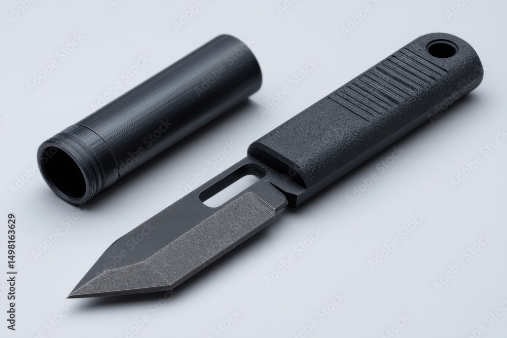 Poster an artistically designed black fixed blade knife with a tactical sheath displayed on a plain backgro