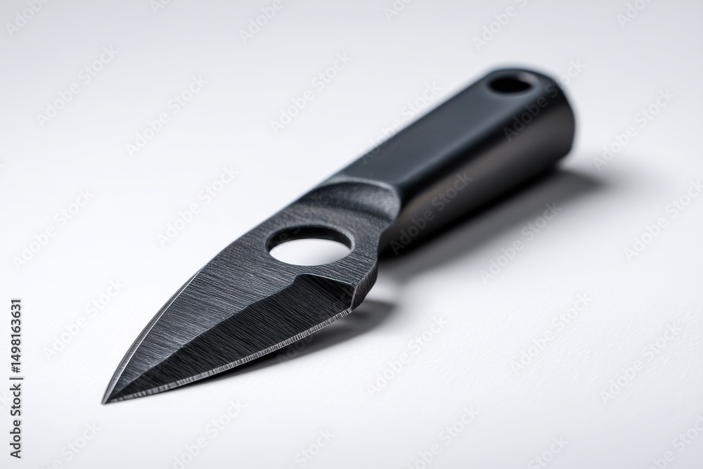 Poster a close-up studio shot featuring a sharp black knife with a textured blade and handle, resting again