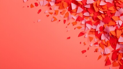 Colorful paper confetti bursting from the corners on a coral backdrop, ideal for energetic celebratory messages