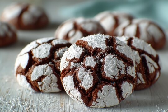 Close-up of delicious chocolate crinkle cookies dusted with powdered sugar, perfect for a festive holiday treat, displayed on a rustic white wooden surface with soft, natural lighting.