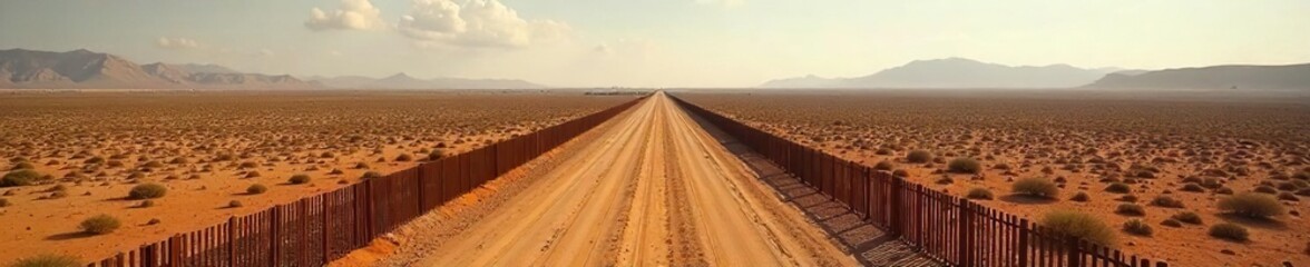 Fototapeta premium A stark, high-angle view of a fortified border fence stretching across a desolate landscape, highlighting the imposing nature of border security and control , authority, structure