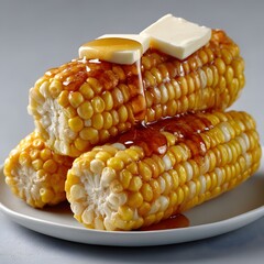 Three sweet corn cobs, drizzled with syrup and topped with butter, sit stacked on a plate