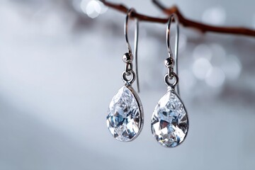 Elegant teardrop crystal earrings on a delicate branch, showcasing a timeless jewelry design with brilliant clarity and a sophisticated, modern aesthetic, reflecting light beautifully.
