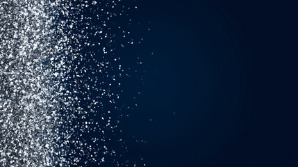 Left-side burst of shiny silver confetti against a flat navy background with a neat open section on the right for sleek celebratory text layout