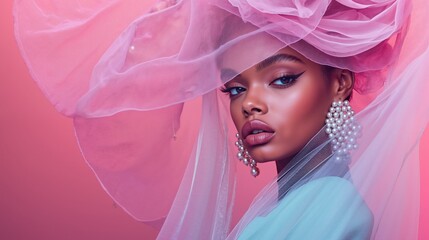 woman with pink tulle headpiece against pink background. High fashion portrait and artistic styling concept. Pearl earrings and pastel colors. beauty and cultural fusion