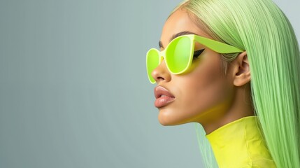 Woman with neon green hair and matching sunglasses in profile view. Futuristic fashion and bold color concept. Monochromatic styling and statement accessories. Summer trend and youth culture