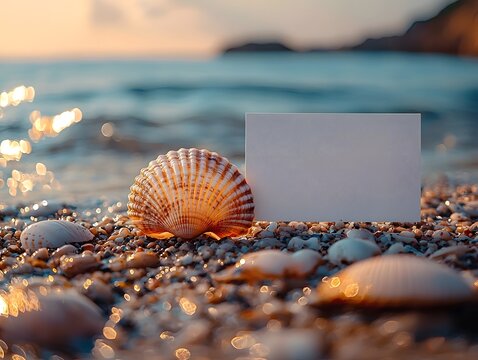 A serene beach scene with a blank white gift card on a seashell