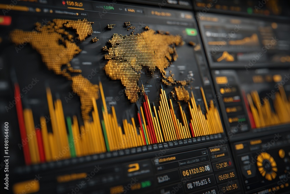 Poster an advanced financial dashboard displaying global market data with a 3d world map and detailed finan