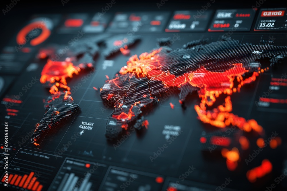 Poster a digital world map with glowing red hotspots and accompanying data visualization, demonstrating rea