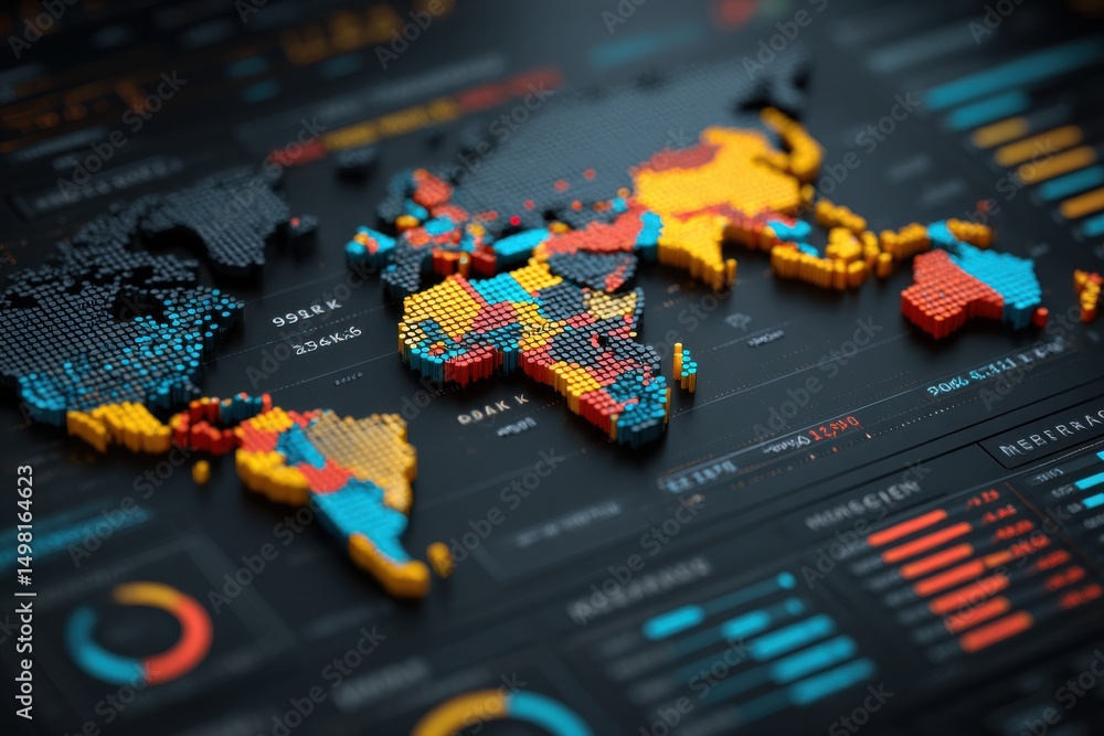 Poster global data visualization showing the world map with colorful pixelated continents, infographics, da