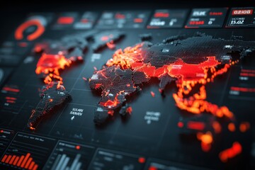 A digital world map with glowing red hotspots and accompanying data visualization, demonstrating real-time monitoring and high-tech communication technologies.