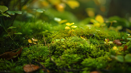 A close up view of vibrant green moss and small plants in a lush forest environment with soft lighting