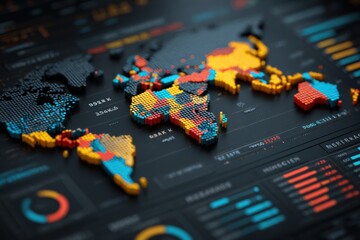 Global data visualization showing the world map with colorful pixelated continents, infographics, data analytics and business insights, modern technology background