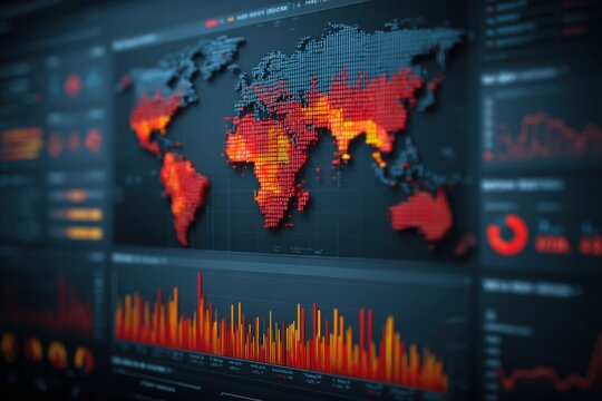 A detailed world map and data visualization interface showing global statistics and information in a digital display for analysis and tracking using technology.