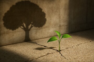 Growing Through Challenges: A resilient sapling sprouts from a crack in the pavement, its shadow mirroring a large tree on the wall. A symbol of hope and growth amidst adversity.