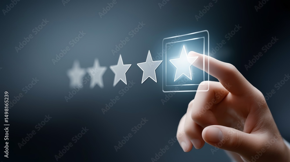Poster User giving five star rating on virtual screen interface for digital customer satisfaction and service review, Generative AI