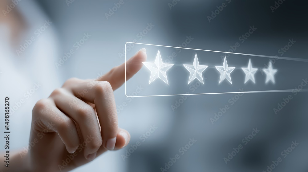 Poster user selecting star on digital rating interface, symbolizing customer satisfaction, service review a