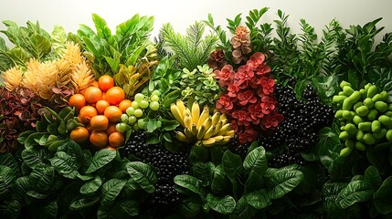 Vibrant and colorful arrangement of fruits and foliage, a stunning nature inspired image